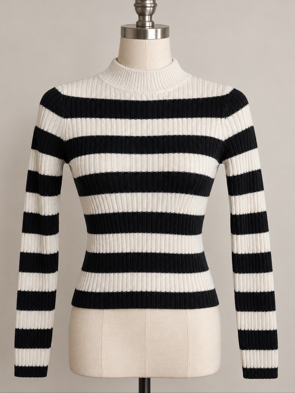 H&M Black & Cream Striped Ribbed Mock Neck Sweater – Size Small